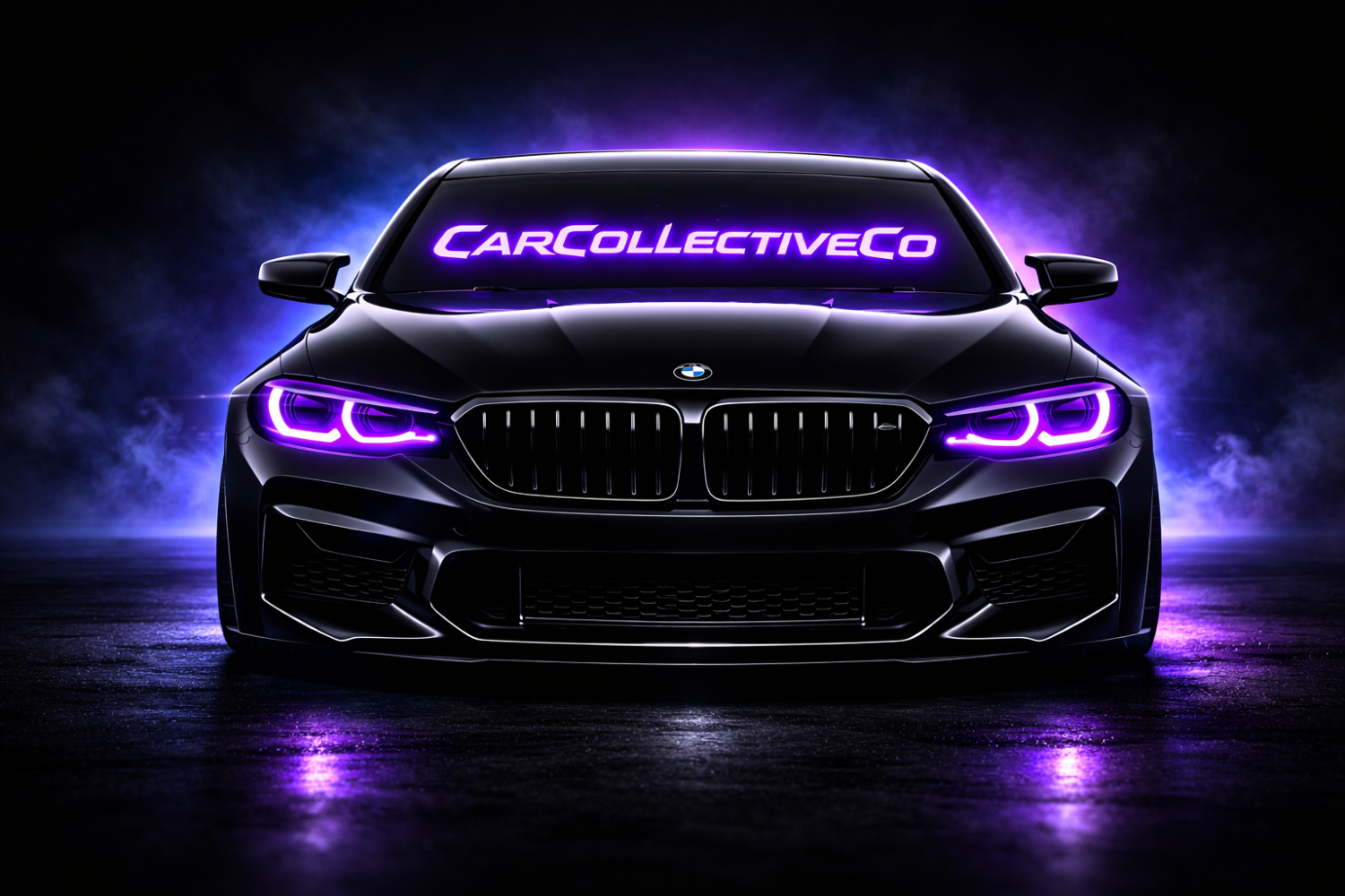 Black BMW car with purple headlights and Car Collective Co logo on a dark background